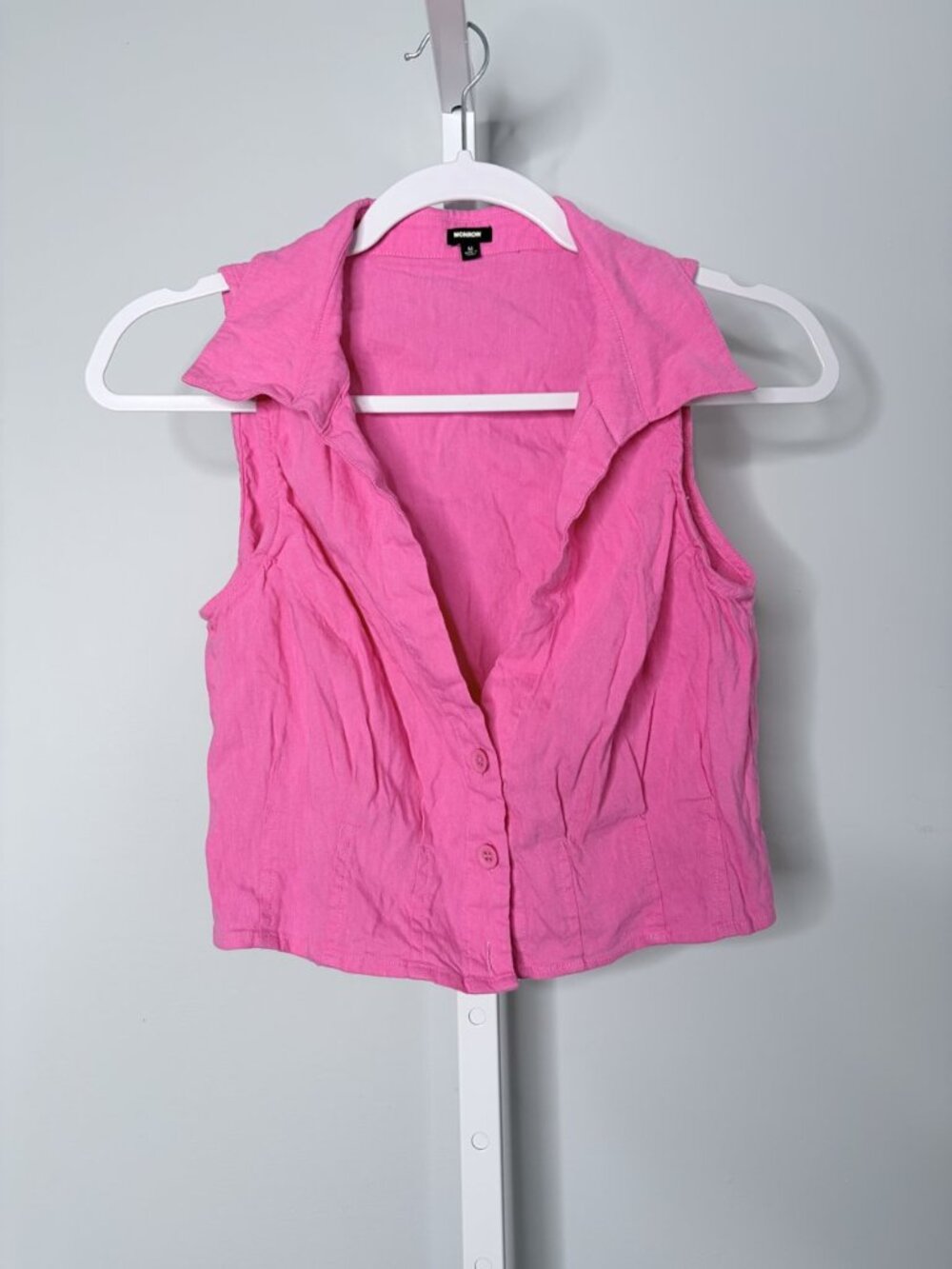 Monrow Hot Pink Linen Blend Sleeveless Button Front Crop Top Collared M - Picture 2 of 8